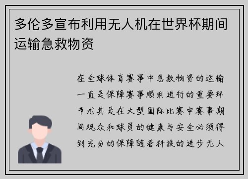 多伦多宣布利用无人机在世界杯期间运输急救物资